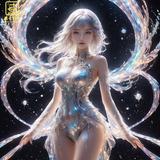 NO 拷贝.783，【角色名：迷。】一个女孩，，她的四肢半透明，黑色背景，银色头发，正在跳舞，全息影